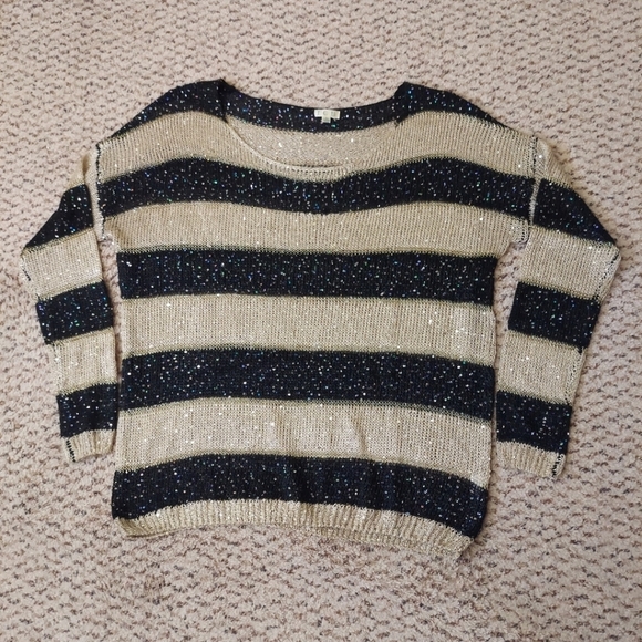 I.C.U. Women's Sequin Striped Pull Over Size L Open Knit Sweater Gold Black - Picture 1 of 14